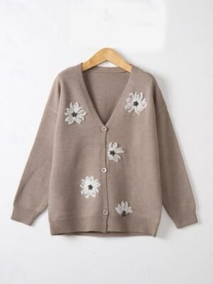 Casual Loose Floral Ribbed V Neck Long Sleeve Regular Cardigan - Image 8
