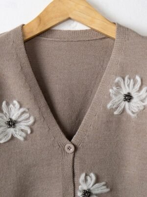 Casual Loose Floral Ribbed V Neck Long Sleeve Regular Cardigan - Image 9