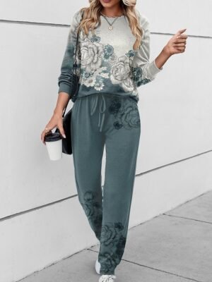Casual Loose Floral Round Neck Long Sleeve Two Piece Tracksuit - Image 1