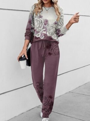 Casual Loose Floral Round Neck Long Sleeve Two Piece Tracksuit - Image 2