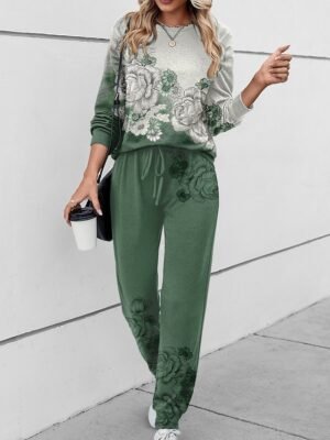 Casual Loose Floral Round Neck Long Sleeve Two Piece Tracksuit - Image 3