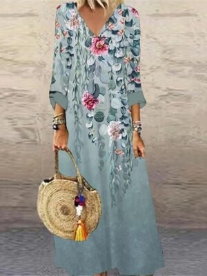 Casual Loose Floral V Neck 3/4 Sleeve Maxi Dress - Image 1