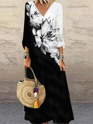 Casual Loose Floral V Neck 3/4 Sleeve Maxi Dress - Image 2