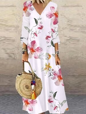 Casual Loose Floral V Neck 3/4 Sleeve Maxi Dress - Image 3