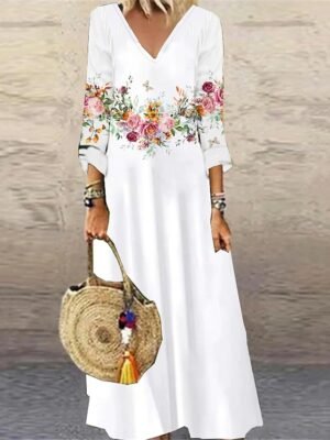 Casual Loose Floral V Neck 3/4 Sleeve Maxi Dress - Image 4