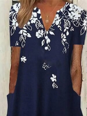 Casual Loose Floral V Neck Half Sleeve Midi Dress - Image 2