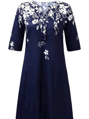 Casual Loose Floral V Neck Half Sleeve Midi Dress - Image 4