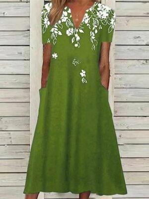 Casual Loose Floral V Neck Half Sleeve Midi Dress - Image 7