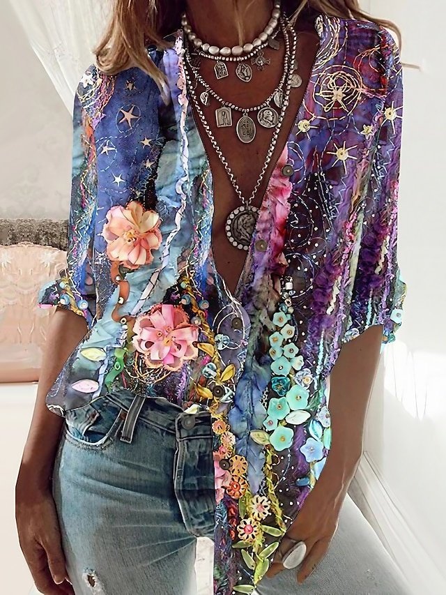 Casual Loose Floral V Neck Long Sleeve Button Down Blouse - Image 1