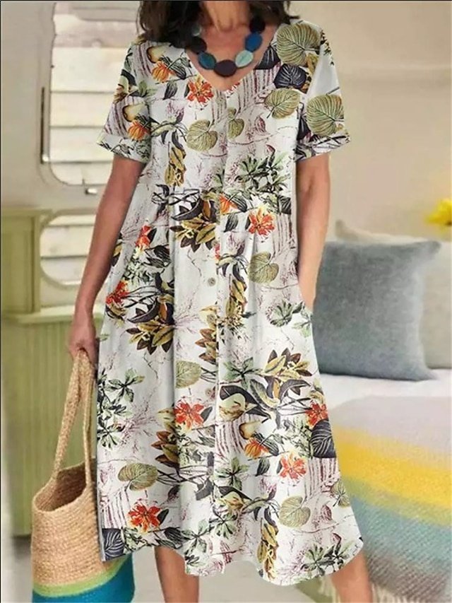 Casual Loose Floral V Neck Short Sleeve Midi Dress - Image 1
