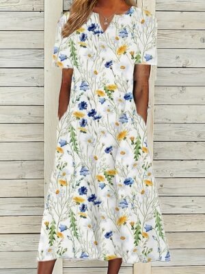 Casual Loose Floral V Neck Short Sleeve Midi Dress - Image 1