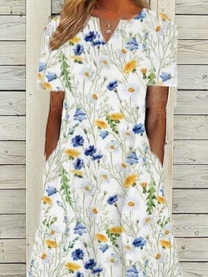 Casual Loose Floral V Neck Short Sleeve Midi Dress - Image 2