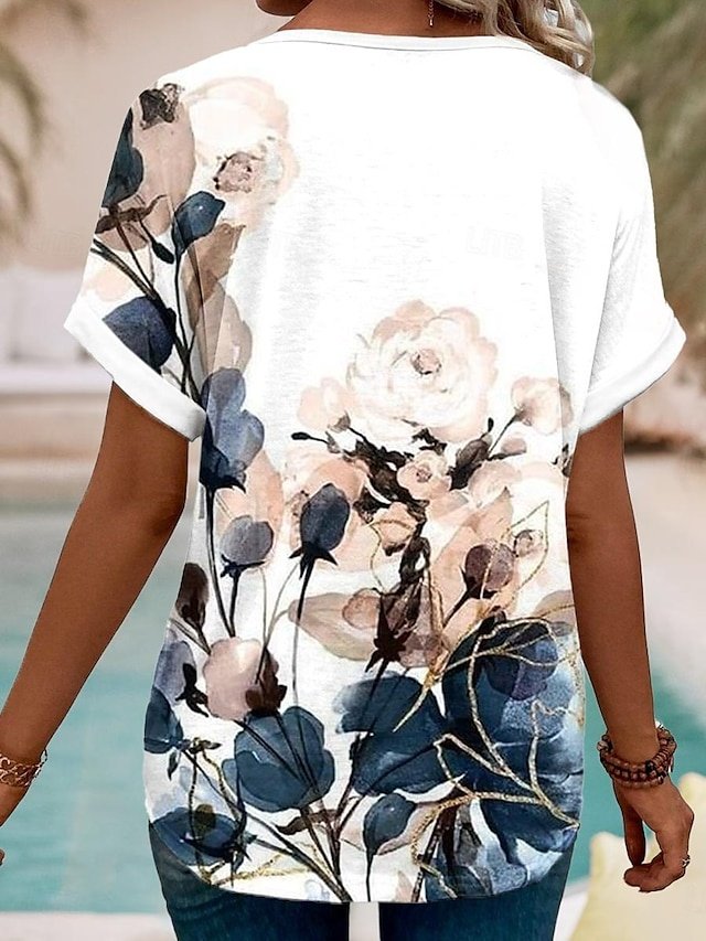 Casual Loose Floral V Neck Short Sleeve Blouse - Image 2