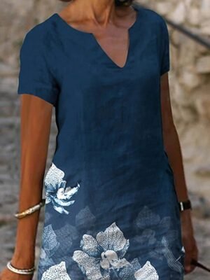 Casual Loose Floral V Neck Short Sleeve Knee Length A Line Dress - Image 3