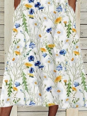 Casual Loose Floral V Neck Short Sleeve Midi Dress - Image 3