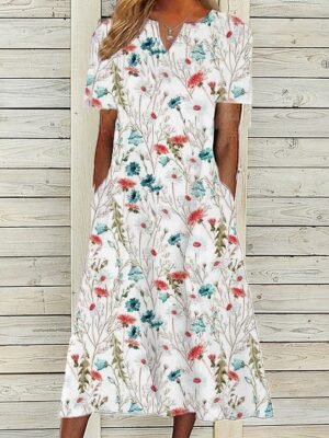 Casual Loose Floral V Neck Short Sleeve Midi Dress - Image 4
