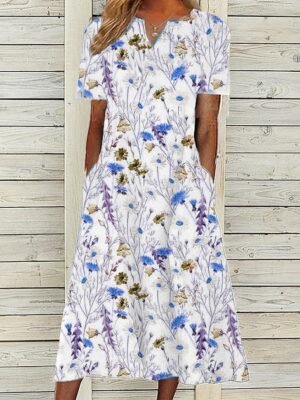 Casual Loose Floral V Neck Short Sleeve Midi Dress - Image 5