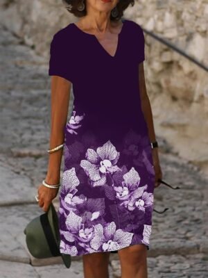 Casual Loose Floral V Neck Short Sleeve Knee Length A Line Dress - Image 7