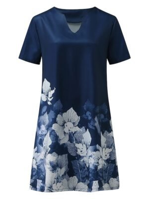 Casual Loose Floral V Neck Short Sleeve Knee Length A Line Dress - Image 8
