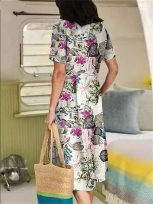 Casual Loose Floral V Neck Short Sleeve Midi Dress - Image 8