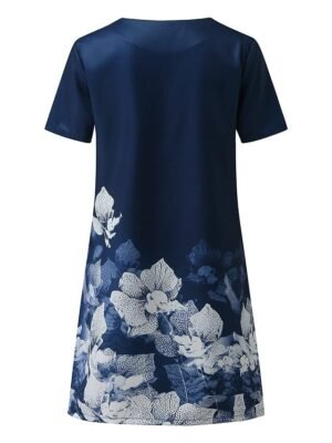 Casual Loose Floral V Neck Short Sleeve Knee Length A Line Dress - Image 9