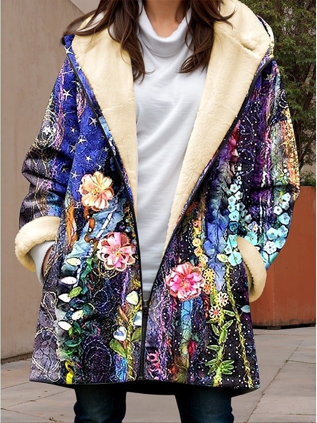Casual Loose Floral Zipper Long Hoodie Jacket - Image 1