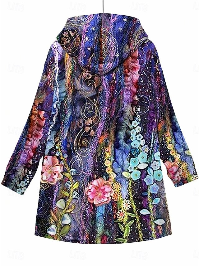 Casual Loose Floral Zipper Long Hoodie Jacket - Image 2