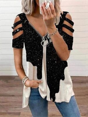 Casual Loose Galaxy Zip Front Cold Shoulder Short Sleeve Asymmetrical Tunic Top - Image 1