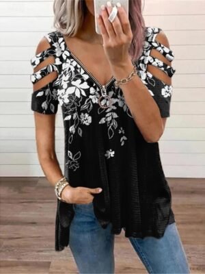 Casual Loose Galaxy Zip Front Cold Shoulder Short Sleeve Asymmetrical Tunic Top - Image 2