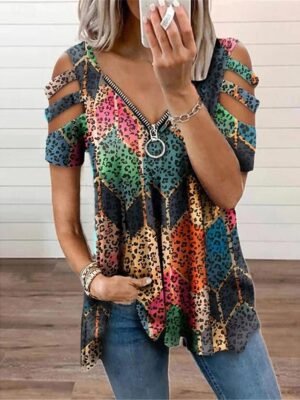 Casual Loose Galaxy Zip Front Cold Shoulder Short Sleeve Asymmetrical Tunic Top - Image 6