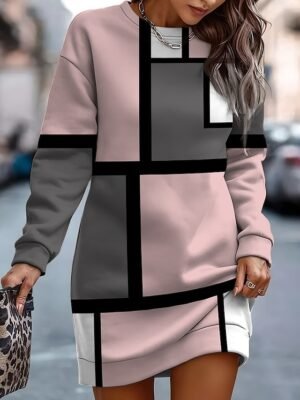 Casual Loose Geometric Crew Neck Long Sleeve Mini Dress - Image 1