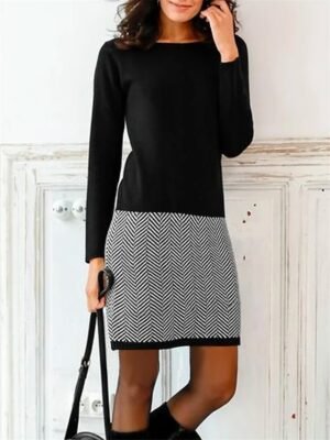 Casual Loose Geometric Crew Neck Long Sleeve Mini Sweatshirt Dress - Image 1