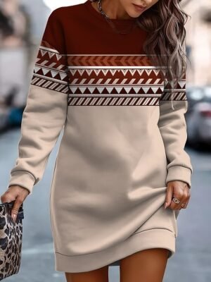 Casual Loose Geometric Crew Neck Long Sleeve Mini Dress - Image 3