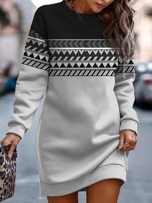 Casual Loose Geometric Crew Neck Long Sleeve Mini Dress - Image 4