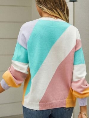 Casual Loose Geometric Crew Neck Long Sleeve Knit Top - Image 4