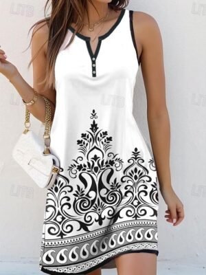 Casual Loose Geometric Notched Neck Sleeveless Mini Dress - Image 1