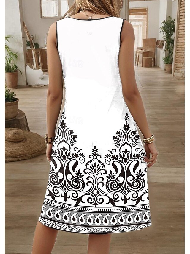 Casual Loose Geometric Notched Neck Sleeveless Mini Dress - Image 2
