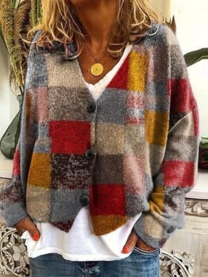 Casual Loose Geometric Plaid V Neck Long Sleeve Regular Cardigan - Image 1