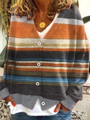 Casual Loose Geometric Plaid V Neck Long Sleeve Regular Cardigan - Image 2