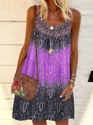 Casual Loose Geometric Tie Dye Boat Neck Sleeveless Mini Dress - Image 1