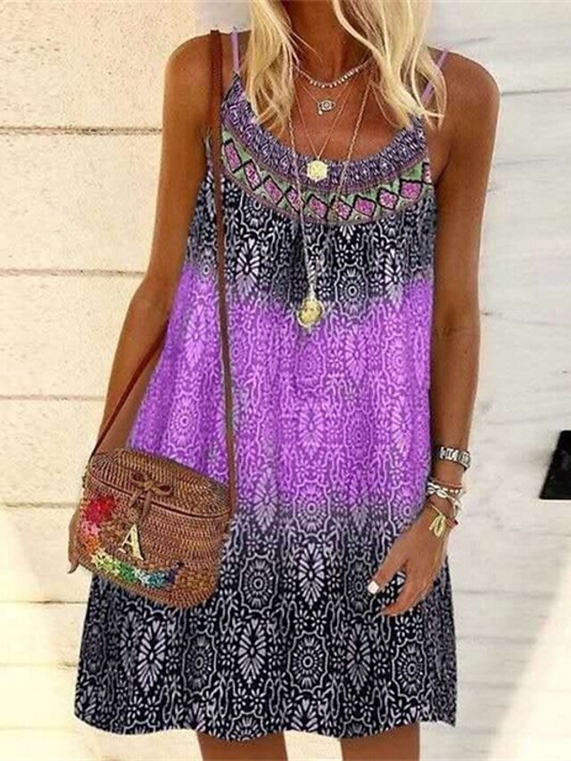 Casual Loose Geometric Tie Dye Boat Neck Sleeveless Mini Dress - Image 1