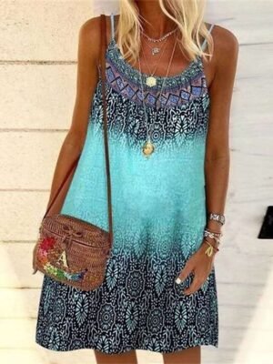 Casual Loose Geometric Tie Dye Boat Neck Sleeveless Mini Dress - Image 10