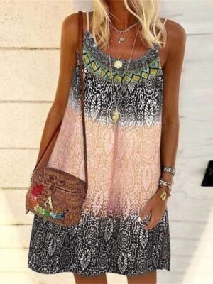Casual Loose Geometric Tie Dye Boat Neck Sleeveless Mini Dress - Image 11