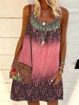Casual Loose Geometric Tie Dye Boat Neck Sleeveless Mini Dress - Image 9