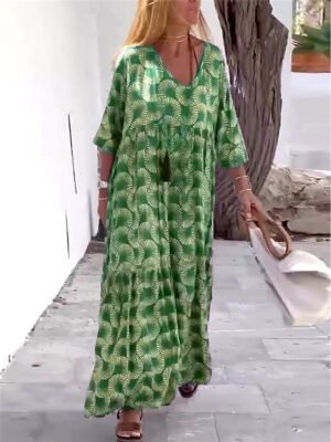 Casual Loose Geometric V Neck 3/4 Sleeve Maxi Dress - Image 10