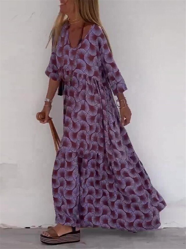 Casual Loose Geometric V Neck 3/4 Sleeve Maxi Dress - Image 2