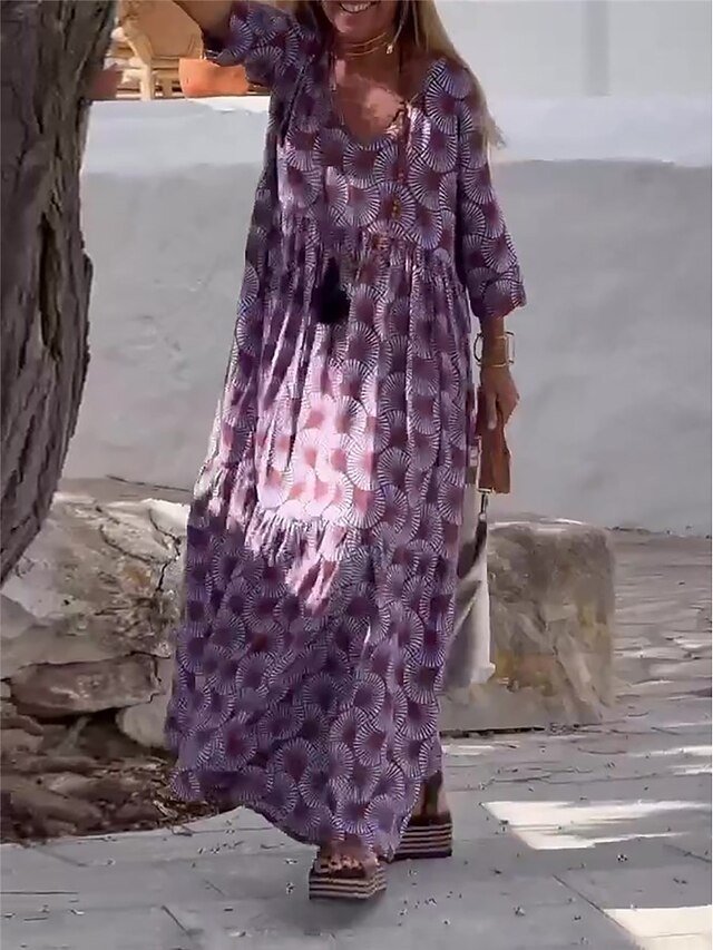 Casual Loose Geometric V Neck 3/4 Sleeve Maxi Dress - Image 3