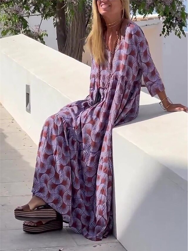 Casual Loose Geometric V Neck 3/4 Sleeve Maxi Dress - Image 4