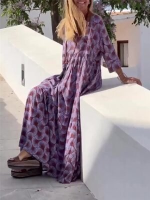 Casual Loose Geometric V Neck 3/4 Sleeve Maxi Dress - Image 5