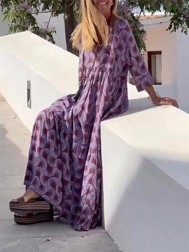 Casual Loose Geometric V Neck 3/4 Sleeve Maxi Dress - Image 5
